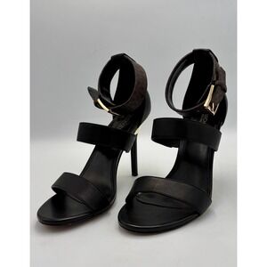 Michael Kors Women's Size 7 Black Leather Heeled Amal Sandal w/ Monogram Strap